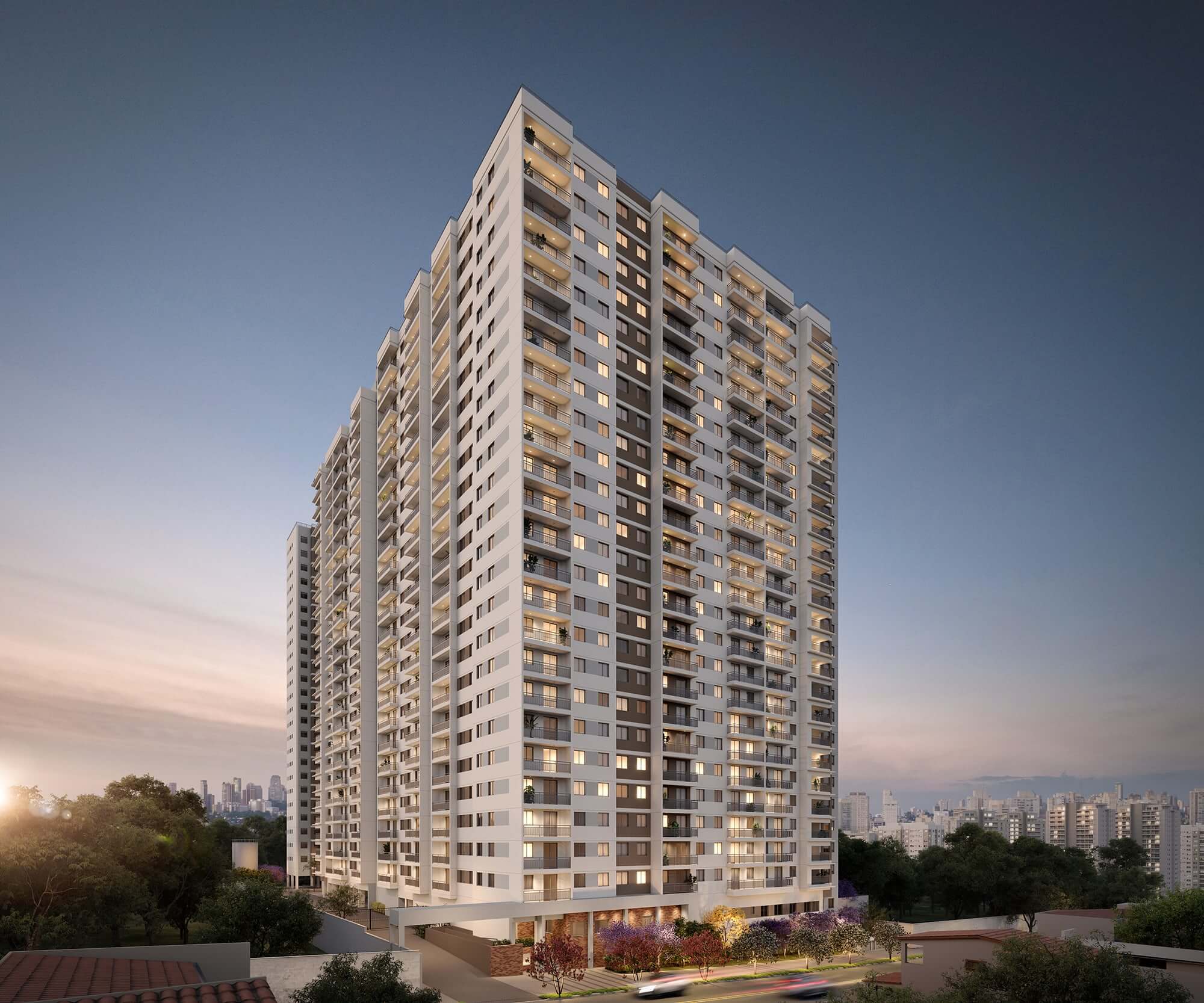 Fachada do edifício ao anoitecer