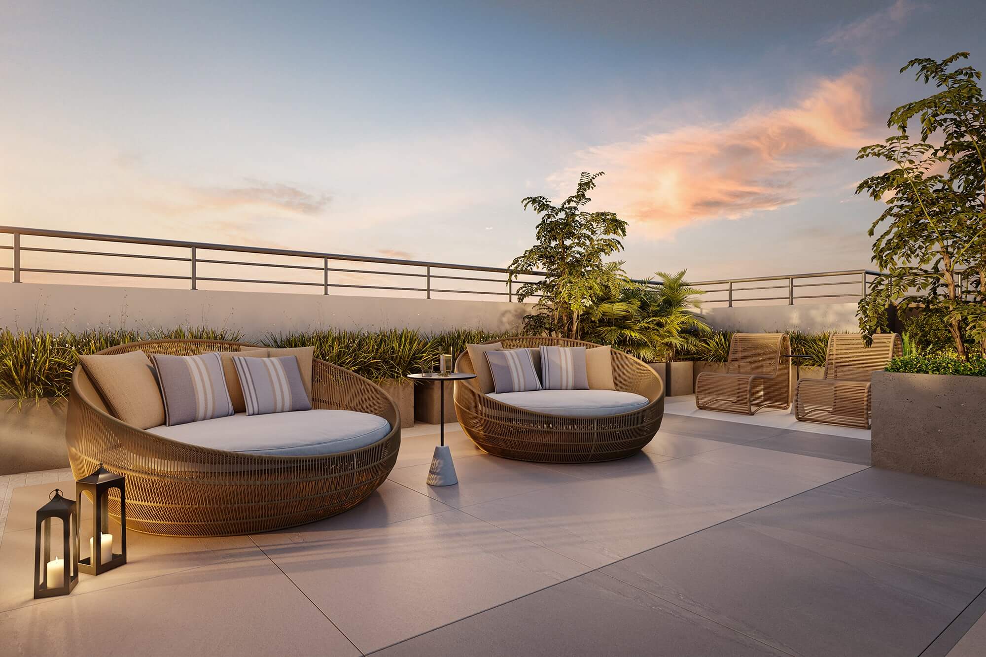 Rooftop lounge ao pôr do sol